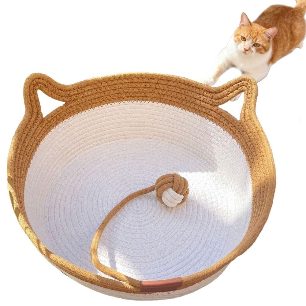 FHKPET Stimuli Handwoven Large Cat Basket Rope Cotton Round Boho Catbed